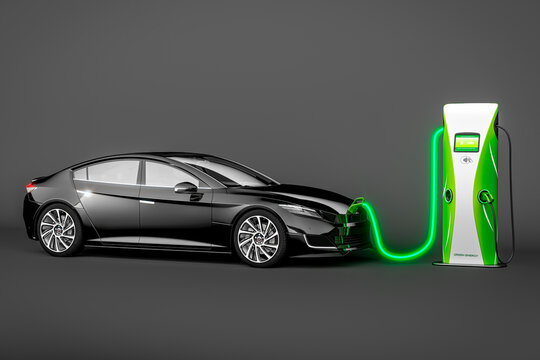 Eco Car Illustration. Generic Black Electric Vehicle Being Charged By A Glowing Cable From An Electric Vehicle Charging Station, Isolated Against Grey. 3d Rendering.