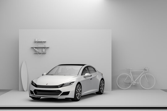 Stylized View Of A Generic White Car In A White Photography Studio With White Colored Props. Man Cave. 3d Rendering