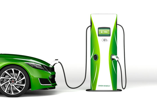 Eco Car Illustration. Cropped Variation Generic Green Electric Vehicle Being Charge By An Electric Vehicle Charging Station, Isolated Against White. 3d Rendering.