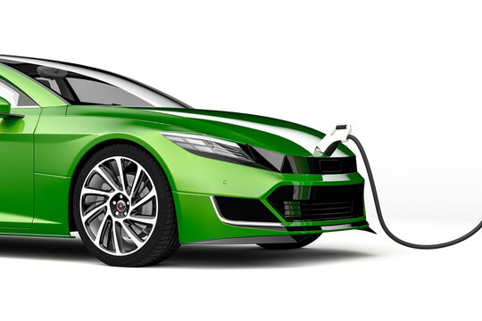 Eco Car Illustration. Cropped Variation Generic Green Electric Car Being Charged By An Electric Cable, Isolated Against White. 3d Rendering.