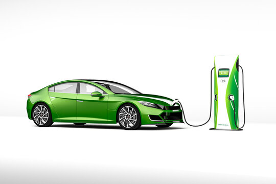 Eco Car Illustration. Generic Green Electric Vehicle Being Charge By An Electric Vehicle Charging Station, Isolated Against White. 3d Rendering.