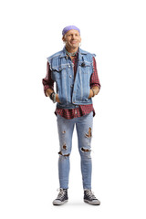 Full length portrait of a man in ripped jeans with a headscarf