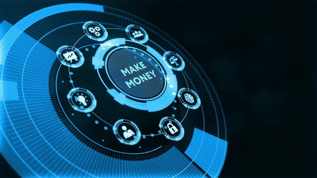 Businessman presses button make money on virtual screens. Business, Technology, Internet and network concept.