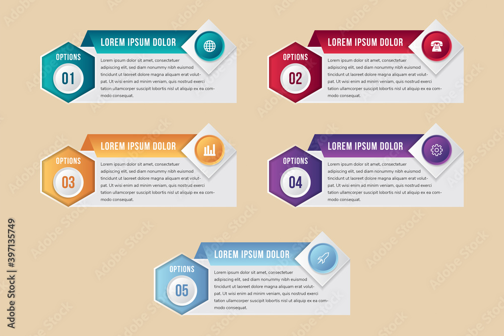 Poster modern infographics process template with paper sheets, polygons with hexagon and square ornament, i