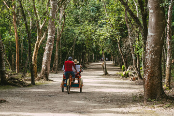 Fototapeta premium Tourist in the jungle with a backpack and a hat. Tourism in the ancient city Mayan pyramids. Ancient Mayan city in Mexico. Ruins of the city of Coba, Yucatan