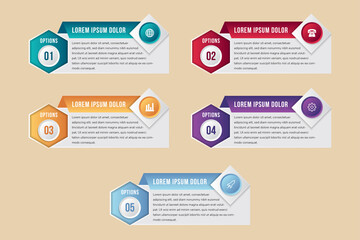 Modern infographics process template with paper sheets, polygons with hexagon and square ornament, icons and text for 5 steps. Can be used for web design, timeline and workflow layout