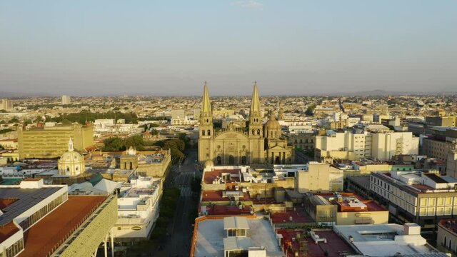 Drone Flies Away from Guadalajara Cathedral (Catedral) Historic District. Mexico