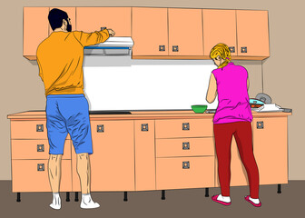 Young couple working in kitchen. Viewed from back. Man in the kitchen helping woman to prepare delicious food. Vector cartoon, Comic book style illustration.