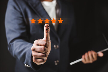 Customer service business people thumbs up rating 5 star satisfaction survey concept