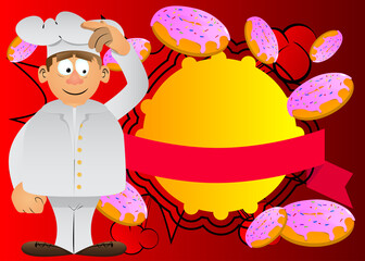 Fat male cartoon chef in uniform is confused. Vector illustration.