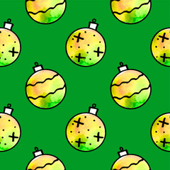 Seamless pattern with Watercolor Christmas tree balls. Hand drawn New year, Xmas backgrounds and textures. For greeting cards, wrapping paper, packaging, fabric, calendars, prints