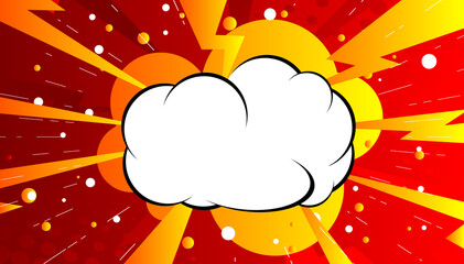 Comic book background with red and yellow zoom effect and blank cloud. Vector illustration.