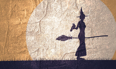 Halloween holiday background. Standing witch with broomstick and raven