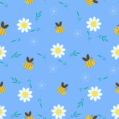 Seamless pattern with bees and chamomiles. White daisy on a blue background, bees collect honey. Pattern for textiles and children's clothing. Case, fitness bracelet strap. Flat style. Vector