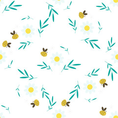 Seamless pattern with bees and daisies, leaves. White daisy pattern. Bees collect honey. Pattern for textiles, children's clothing or bed linen.  Flat style. Vector