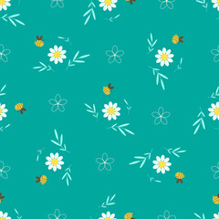 Seamless pattern with bees and daisies, leaves. White chamomile on a green background, bees collect honey. Pattern for textiles and children's clothing. Case, fitness bracelet. Flat style. Vector