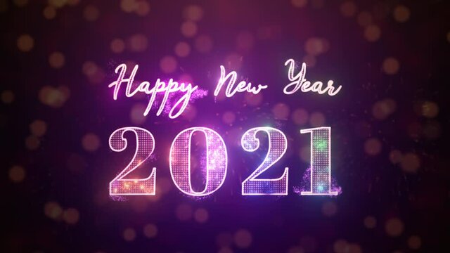 2021 Happy New Year greeting text with particles and sparks on black night sky with colored slow motion fireworks on background