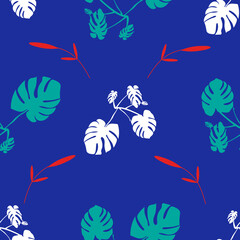 Seamless pattern with monstera leaves. Endless pattern on a blue background. Monstera leaves in a modern design style are scattered randomly. Ornament for textiles, fabrics and decor.Flat style.Vector