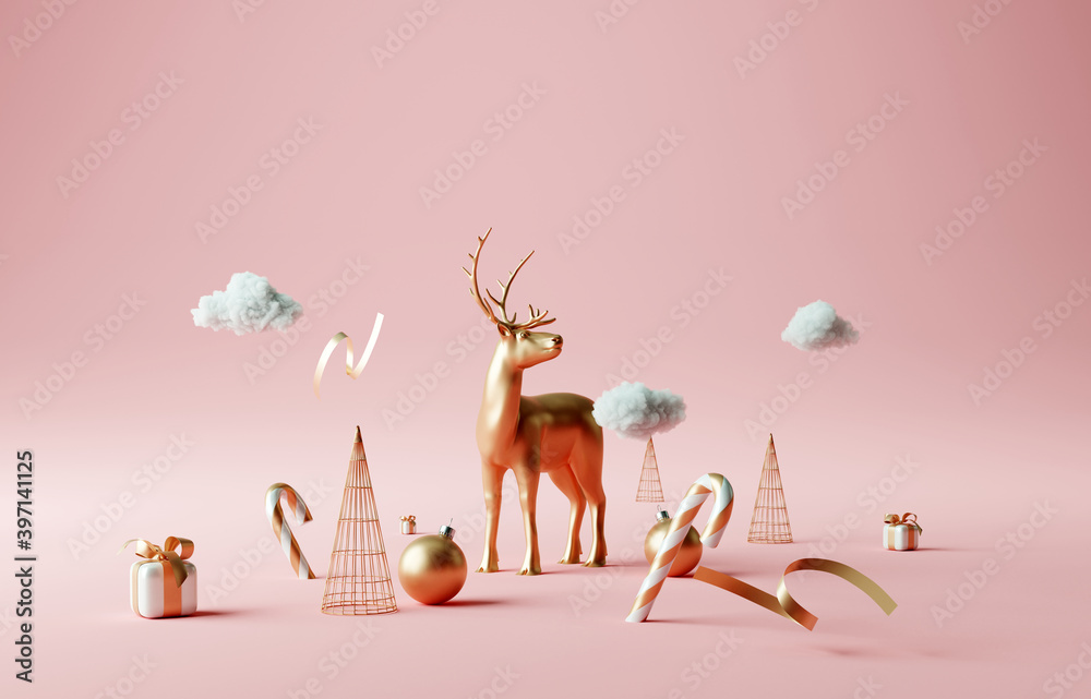 Poster Christmas composition gold reindeer with gold metallic decoration on pastel pink background. Creative idea Christmas concept. 3d rendering   
