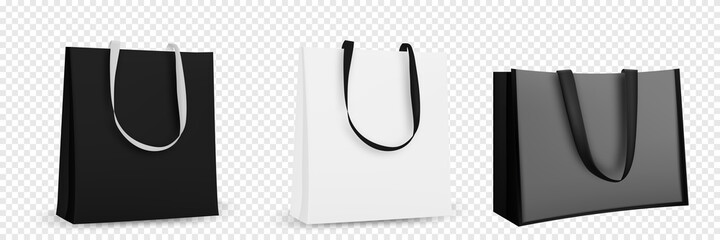 Shopping bag design. Black and white tote shopping bags identity mock-up item template transparent background.