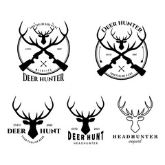 Set of Deer Hunter Outdoor Adventure Logo Vector Illustration Design Template Line Art