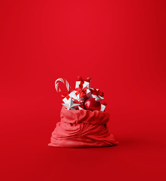 Santa bag with Christmas accessories on red background. 3d rendering