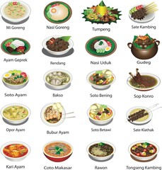 Indonesian cuisine famous dishes, delicious cullinary food - Vector