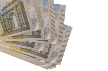 5 euro bills lies in small bunch or pack isolated on white. Mockup with copy space. Business and currency exchange