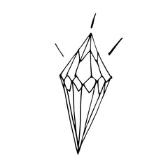 Healing  Single crystal isolated on a white background. Hand drawn vector illustration in Doodle style. Black and white mystical crystal for relaxing coloring for children and adults.