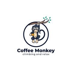 Vector Logo Illustration Coffee Monkey Simple Mascot Style.