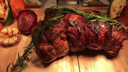Buffet carving station with roasted lamb shank
