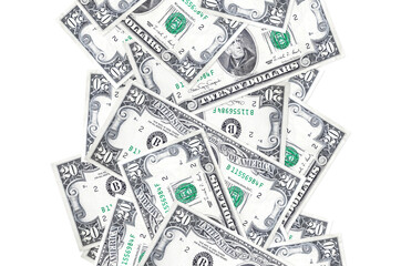 20 US dollars bills flying down isolated on white. Many banknotes falling with white copyspace on...