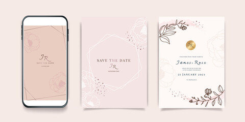 Luxury Pink Social Media Wedding invite frame templates. Vector background. Mockup for social media banner. mobile Floral golden collage layout design.