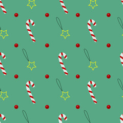 Seamless Christmas pattern with christmas lollipop, stars and confetti on green background. Vector illustration for textiles, wrapping paper, decorations.  Cute vector elements of digital paper. 