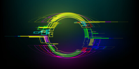 Futuristic glitch circle in cyberpunk style. Modern glowing geometry shape with distortion effect. Good for design promo electronic music events, games, banners, web. Vector illustration