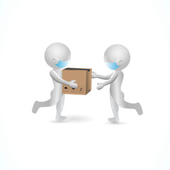 3d small people deliver a card box package to another person using masks. 3d image. isolated white vector image banner background.