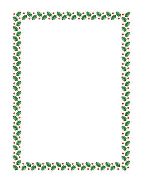 Holly Christmas border with green leaves and red berries. Christmas frame with holly. Vector illustration.	