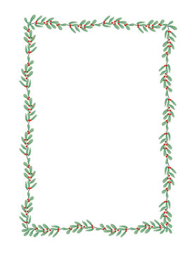 Holly Christmas border with green leaves and red berries. Christmas frame with holly. Vector illustration.	
