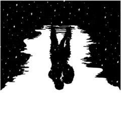 Hand drawn lovers reflected in water at night