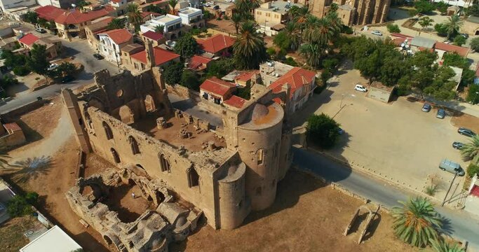 Aerial view of Famagusta city. North Cyprus. 4K. Gazimagusa port and old town wall.