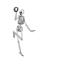 Skeleton playing tambourine and dancing. Raster stock illustration, hand ink drawn sketch.