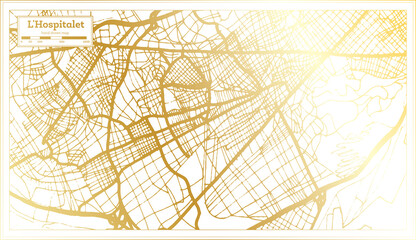 L Hospitalet Spain City Map in Retro Style in Golden Color. Outline Map.