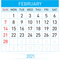 February Planner Calendar 2021. Illustration of Calendar in Simple and Clean Table Style for Template Design on White Background. Week Starts on Sunday