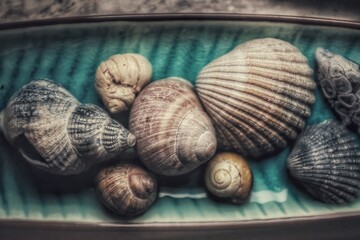 Muscheln und Schneckenhäuser aus dem Meer liegen in einer Keramikschale