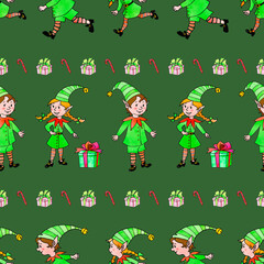 Seamless pattern with a row of Christmas elves. Xmas and new year backgrounds and textures. Border, ending for greeting cards, wrapping paper, packaging, fabric, prints, edge decorations