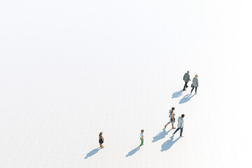 Three Generations Caucasian Family Walking, High Angle View, Isolated Against White, Unrecognizable. 3d Rendering.