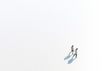 Young Stylish Caucasian Couple Walking, High Angle View, Isolated Against White, Unrecognizable. 3d Rendering.