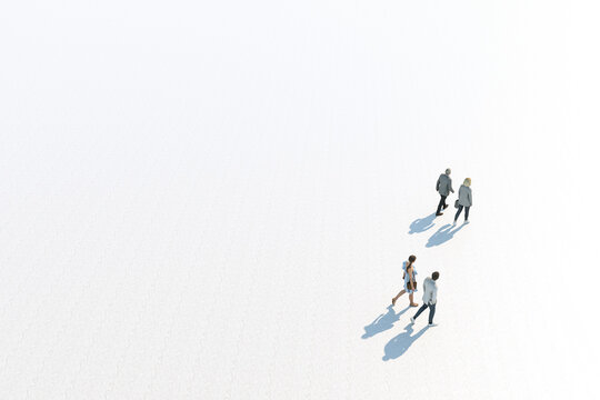 Two Generations Caucasian Family Walking, High Angle View, Isolated Against White, Unrecognizable. 3d Rendering.