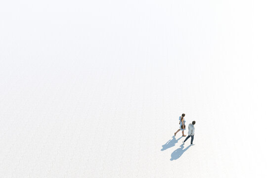 Young Stylish Caucasian Couple Walking, High Angle View, Isolated Against White, Unrecognizable. 3d Rendering.