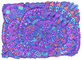 Floral mandala ornament with flowers and leaves. Doodle ornated vibrant multicolor art. Abstract trippy pattern. Vector artwork